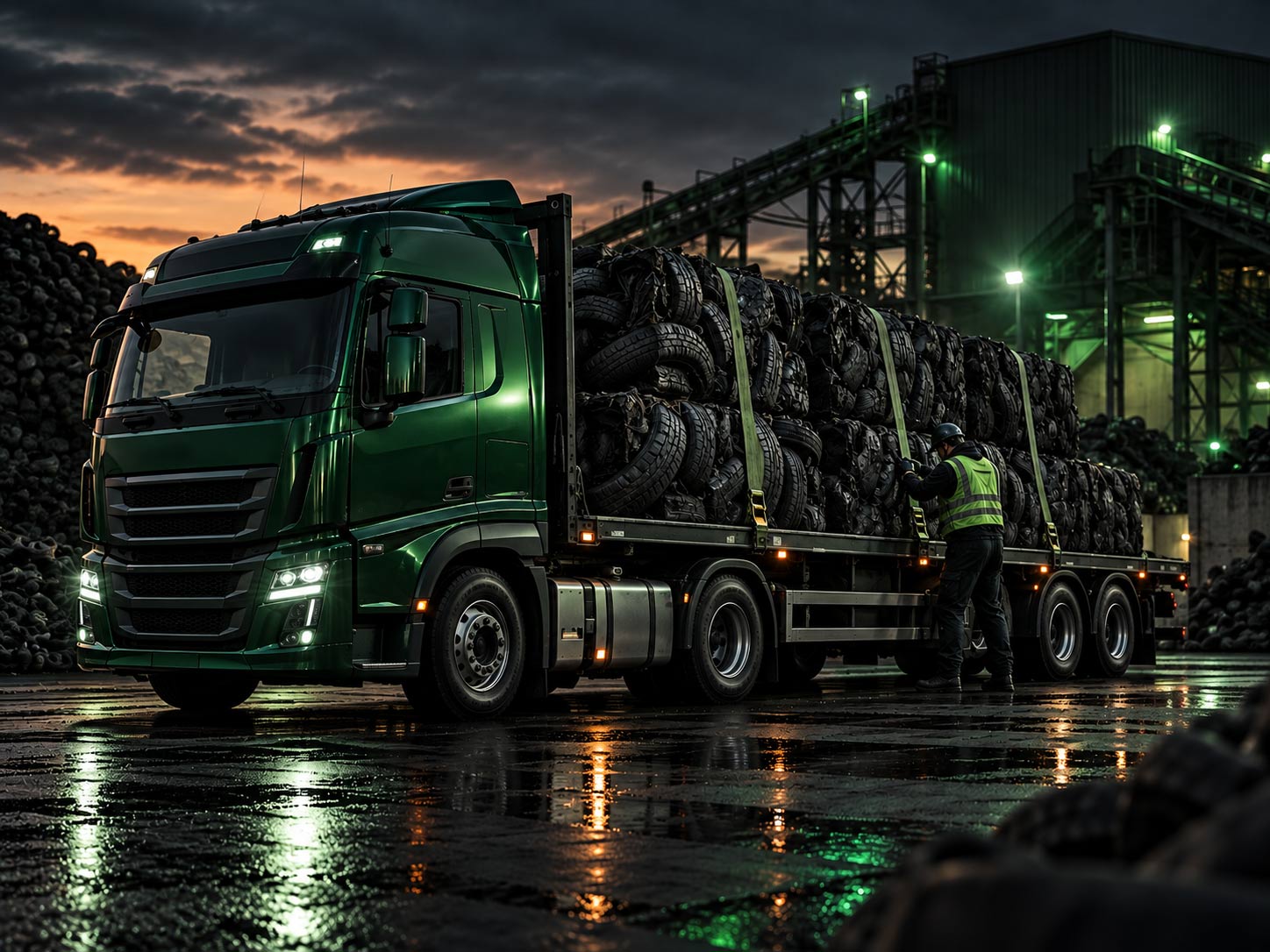 Камион на Zero Tires, натоварен с бали стари гуми
