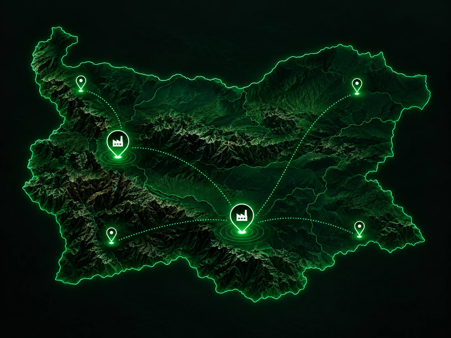 Карта на България с пунктовете за събиране и заводите на Zero Tires